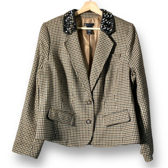 Lane Bryant Jackets & Blazers - Lane Bryant Brown tan Black Houndstooth Blazer beaded Jewel Collar size 16